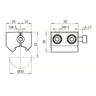 Schémas cotés - Multibloc de fixation pour profilé aluminium rond - D30 - Diamètre 30 mm - Elcom shop