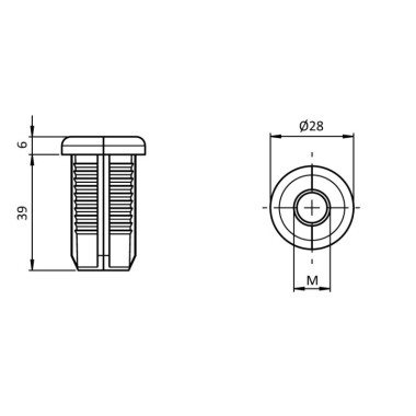 Schémas cotés - Embout pour profilé aluminium rond - Filetage M12 - D28 - Diamètre 28 mm - ESD - noir - Elcom shop