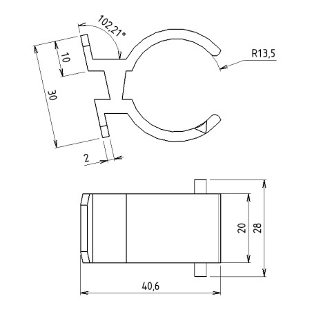 Schémas cotés - Clip de fixation pour porte-étiquette suspendu profilé aluminium rond - D28 - Diamètre 28 mm - Elcom shop