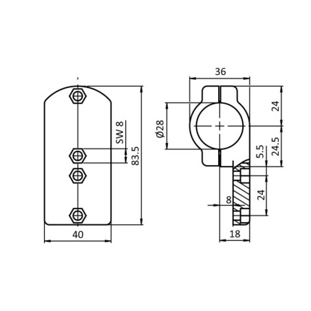 Schémas cotés - Bride de fixation déportée pour profilé aluminium rond - D28 - Diamètre 28 mm - Elcom shop