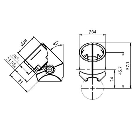 Schémas cotes – Connecteur d'angle pour profilé aluminium rond – D28-45° – Diamètre 28 mm – Elcom shop