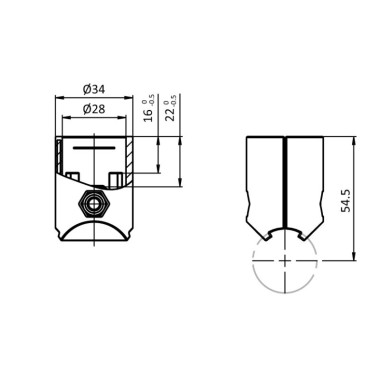 Schémas cotes – Connecteur d'angle pour profilé aluminium rond – D28-90° – Diamètre 28 mm – Elcom shop