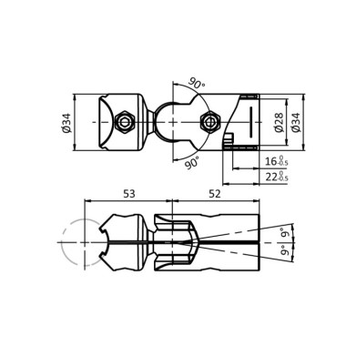 Schémas cotes - Fixation à rotule pour profilé aluminium rond D28 – Diamètre 28 mm – Elcom shop