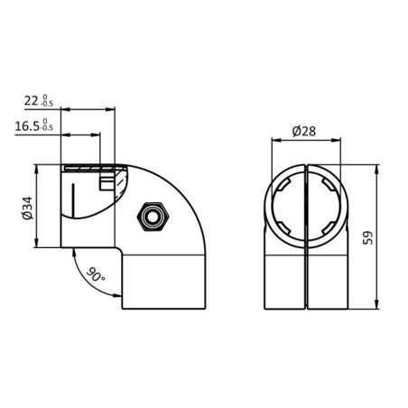 Schémas cotes – Fixation coudée pour profilé aluminium rond D28-90° – Diamètre 28 mm – Elcom shop