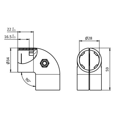 Schémas cotes – Fixation coudée pour profilé aluminium rond D28-90° – Diamètre 28 mm – Elcom shop