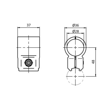 Schémas cotes - Raccord de connexion parallèle pour profilé aluminium rond – D28 – Diamètre 28 mm – Elcom shop
