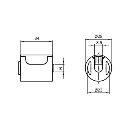 Schémas cotes - Connecteur perpendiculaire en T pour profilé aluminium rond – D28 – Diamètre 28 mm – Elcom shop