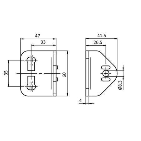 Schémas cotes - Équerre de fixation à 90° pour profilé aluminium rond – D28 – Diamètre 28 mm – Elcom shop