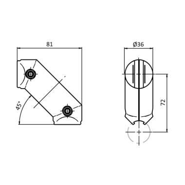 Schémas cotes - Renfort d'angle à 45° pour profilé aluminium rond – D28 – Diamètre 28 mm – Elcom shop