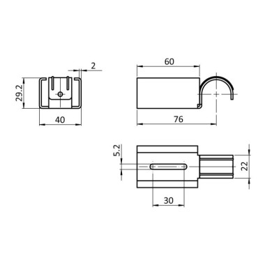 Schéma cotes – Kit fixation à griffe simple sans butée pour rail à galets en profilé aluminium – D28mm – Elcom shop