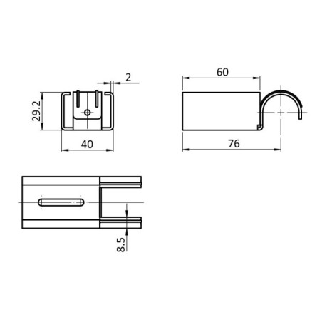 Schéma cotes – Kit fixation à griffe double sans butée pour rail à galets en profilé aluminium – D28mm – Elcom shop