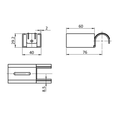 Schéma cotes – Kit fixation à griffe double sans butée pour rail à galets en profilé aluminium – D28mm – Elcom shop
