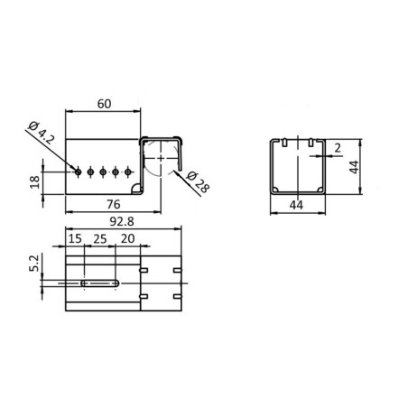 Schéma cotes – Kit support d'extrémité sans butée pour rail à galets en profilé aluminium rond – H44mm – D28mm – Elcom shop