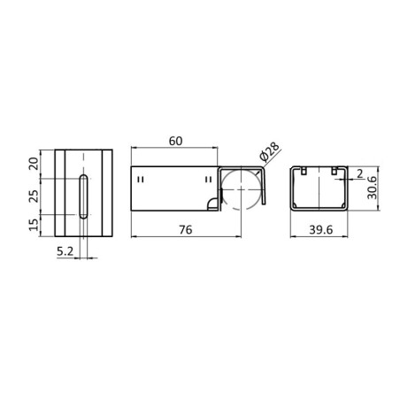 Schéma cotes – Kit support d'extrémité sans butée pour rail à galets en profilé aluminium rond – H30.6mm – D28mm – Elcom shop
