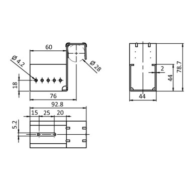 Schéma cotes – Kit support d'extrémité avec butée pour rail à galets en profilé aluminium – H78.7mm – D28mm – Elcom shop