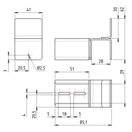 Schéma cotes – Kit support d'extrémité à butée haute pour rail à galets en profilé aluminium – D28mm – Elcom shop