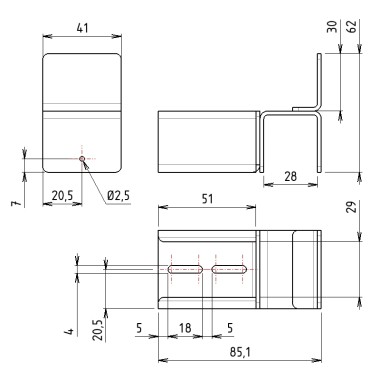 Schéma cotes – Kit support d'extrémité à butée haute pour rail à galets en profilé aluminium – D28mm – Elcom shop