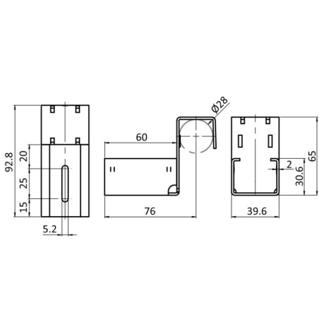 Schéma cotes – Kit support d'extrémité avec butée pour rail à galets en profilé aluminium – H65mm – D28mm – Elcom shop