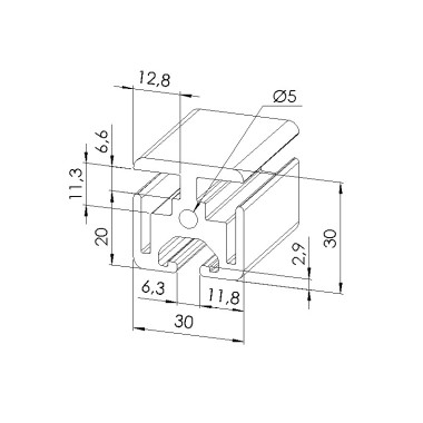 Schéma cotes - Profilé d’encadrement (Coupe max 6 m) - Rainure 6 mm – Section 30x30 mm -180° - Elcom shop