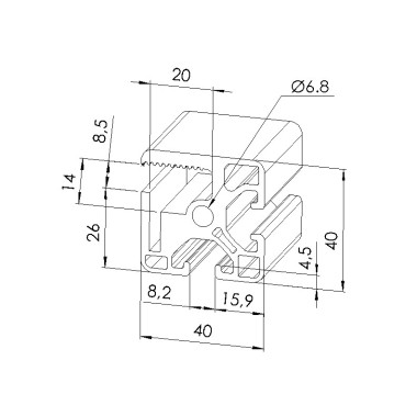 Schéma cotes - Profilé aluminium d’encadrement (Coupe max 6 m) - Rainure 8 mm – 40x40 mm - Elcom shop