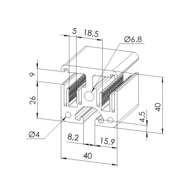 Schéma cotes - Profilé d’encadrement (Coupe max 6 m) - Rainure 8 mm – Section 40x40 mm - 180° - Elcom shop