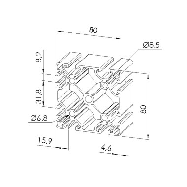 Schéma cotes - Profilé aluminium (Coupe max 6 m) – 8 mm – 80x80 mm – Economique - Elcom shop