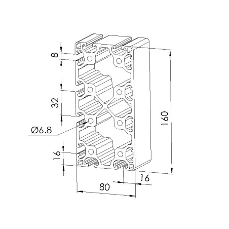 Schéma cotes - Profilé aluminium (Barre de 6 m) – Rainure 8 mm – section 160x80 mm – 4N – Léger - Elcom shop