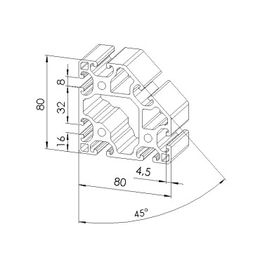 Schéma cotes - Profilé aluminium (Barre de 6 m) – Rainure 8 mm – 80x80-45° - Léger - Elcom shop