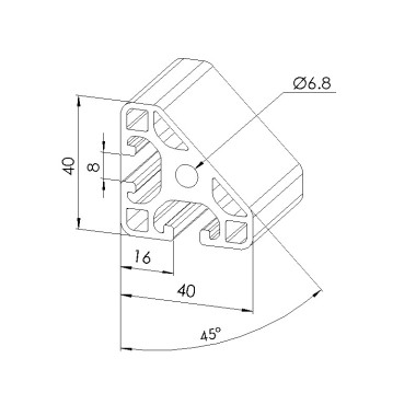 Schéma cotes - Profilé aluminium (Barre de 6 m) – Rainure 8 mm – 40x40-45° - Léger - elcom shop