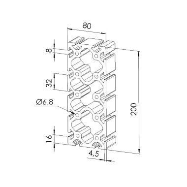 Schéma cotes - Profilé aluminium (Barre de 6 m) – Rainure 8 mm – 200x80 mm – Lourd - Elcom shop