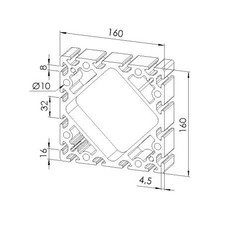 Schéma cotes - Profilé aluminium (Barre de 6 m) – Rainure 8 mm – Section 160x160 mm - Elcom shop