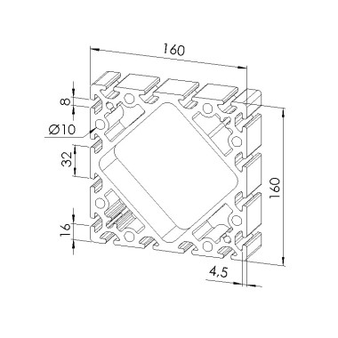 Schéma cotes - Profilé aluminium (Barre de 6 m) – Rainure 8 mm – Section 160x160 mm - Elcom shop