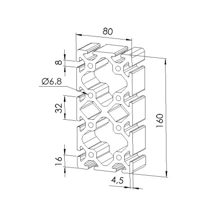 Schéma cotes - Profilé aluminium (Barre de 6 m) – Rainure 8 mm – 160x80 mm - Lourd - Elcom shop