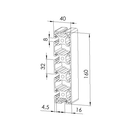 Schéma cotes - Profilé aluminium (Barre de 6 m) – Rainure 8 mm – Section 160x40 - 4N - Léger - Elcom shop