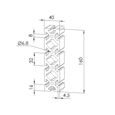 Schéma cotes - Profilé aluminium (Barre de 6 m) – Rainure 8 mm – 160x40 mm - Lourd - Elcom shop