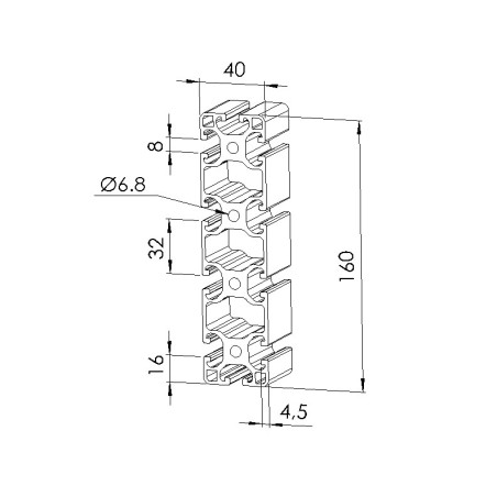 Schéma cotes - Profilé aluminium (Barre de 6 m) – 8 mm – Section 160x40 mm - Léger - Elcom shop