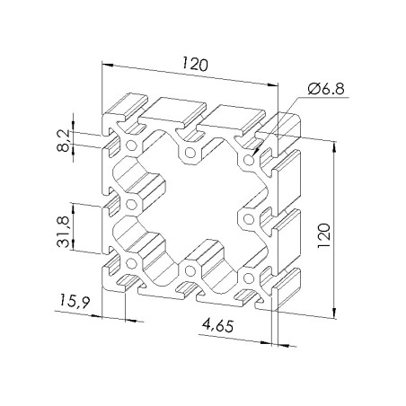 Schéma cotes - Profilé aluminium (Barre de 6 m) – Rainure 8 mm – 120x120 mm - Lourd - Elcom shop