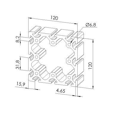 Schéma cotes - Profilé aluminium (Barre de 6 m) – Rainure 8 mm – 120x120 mm - Lourd - Elcom shop