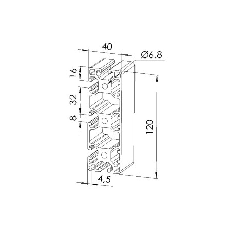 Schéma cotes - Profilé aluminium (Barre de 6m) – Rainure 8 mm – 120x40 mm – 3N - Léger - Elcom shop