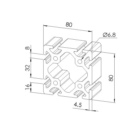 Schéma cotes - Profilé aluminium (Barre de 6 m) – Rainure 8 mm – Section 80x80 mm - Lourd - Elcom shop