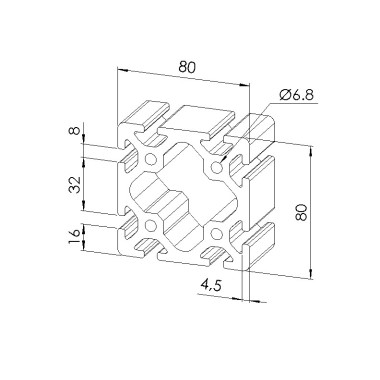 Schéma cotes - Profilé aluminium (Barre de 6 m) – Rainure 8 mm – Section 80x80 mm - Lourd - Elcom shop