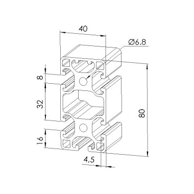 Schéma cotes - Profilé aluminium (Barre de 6 m) – 8 mm – Section 80x40 mm – 1N - Léger - Elcom shop