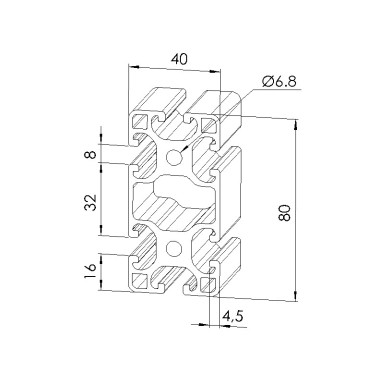 Schéma cotes - Profilé aluminium (Barre de 6 m) – Rainure 8 mm – Section 80x40 mm - léger - Elcom shop