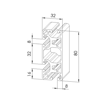 Schéma cotes - Profilé aluminium (Barre de 6 m) – Rainure 8 mm – Section 80x32 mm - Léger - Elcom shop