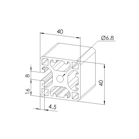 Schéma cotes - Profilé aluminium (Barre de 6 m) – 8 mm – 40x40 mm – 3N - Léger - Elcom shop