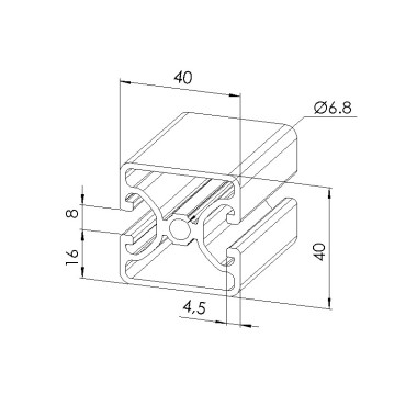 Schéma cotes - Profilé aluminium (Barre de 6 m) – Rainure 8 mm – 40x40 mm – 2N180 - Economique - Elcom shop