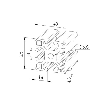 Schéma cotes - Profilé aluminium (Barre de 6 m) – Rainure 8 mm – Section 40x40 mm - Elcom shop