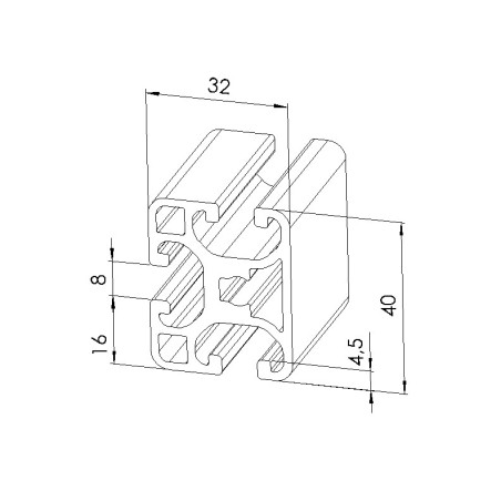 Schéma cotes - Profilé aluminium (Barre de 6 m) – Rainure 8 mm – Section 40x32 mm - Léger - Elcom shop