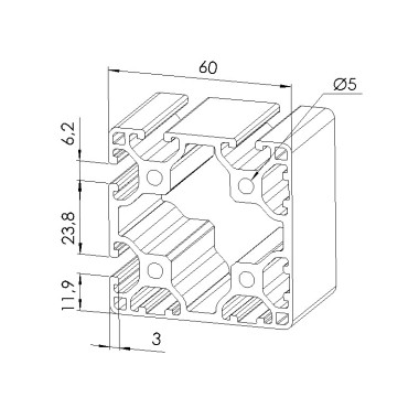 Schéma cotes - Profilé aluminium (Barre de 6 m) – Rainure 6 mm – section 60x60 – 4N90 – Léger - Elcom shop