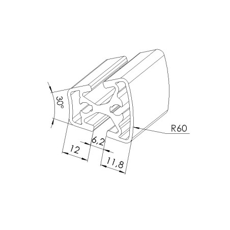 Schéma cotes - Profilé aluminium (Barre de 6 m) – Rainure 6 mm – Section R30/60-30° - Elcom shop